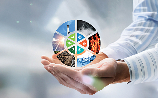 Hands holding a circular icon collage representing sustainability offerings